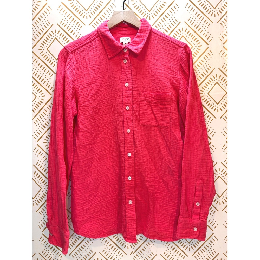J.Crew Button Down Women M Hot Pink Double Gauze Cotton Preppy Summer‎ Bright